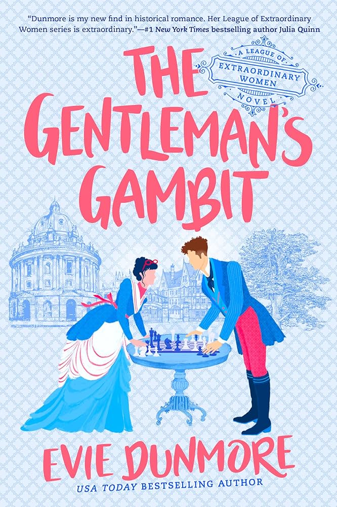 a man and women dressed in Victorian outfits standing at a table playing chess. the text says The Gentleman's Gambit: Evie Dunmore.