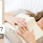 woman sleeping on a bed with her hands resting on a book that is open on her chest. text reads falling asleep while reading? tips to stay awake.